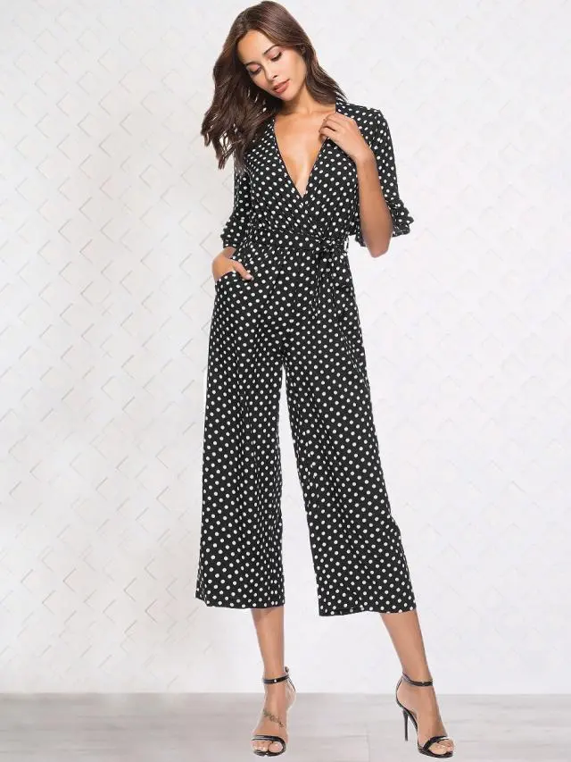 Half sleeve V neck polka dot print jumpsuit Black - Shop at LoveMi