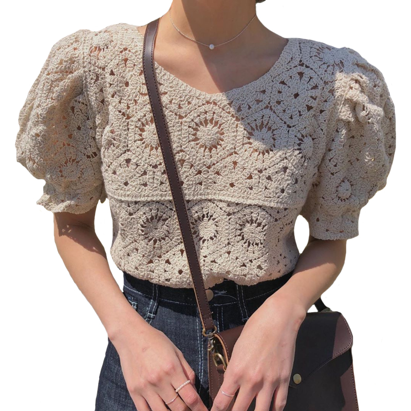 Bubble short sleeve see-through top blouse
