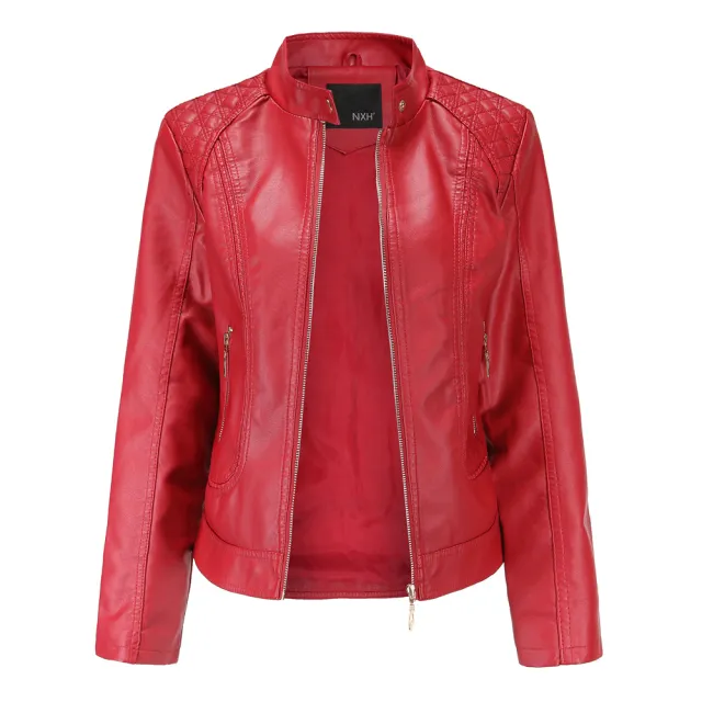 Women's stand collar PU leather jacket Tan - Shop at LoveMi