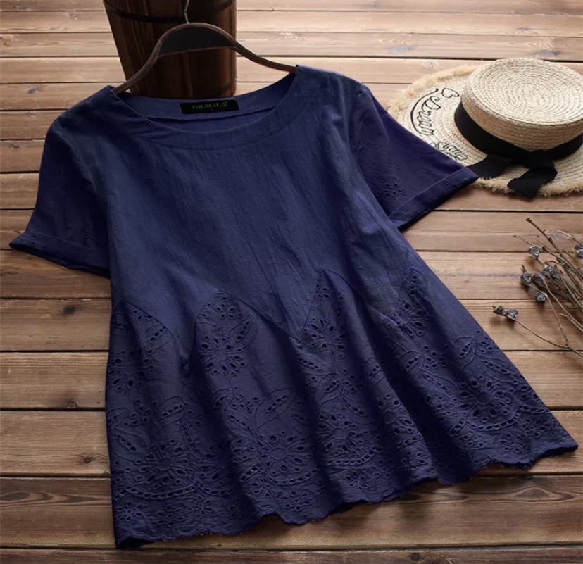 Lace Hollow Embroidered Short Sleeve T-Shirt Shirt - 8