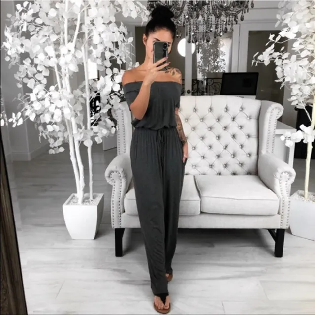 One line neck slim short sleeved stitching jumpsuit Dark Grey - Shop at LoveMi