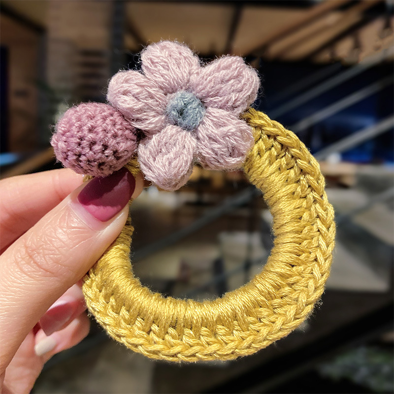 Woolen flowers tie hair elastic Yellow - Shop at LoveMi
