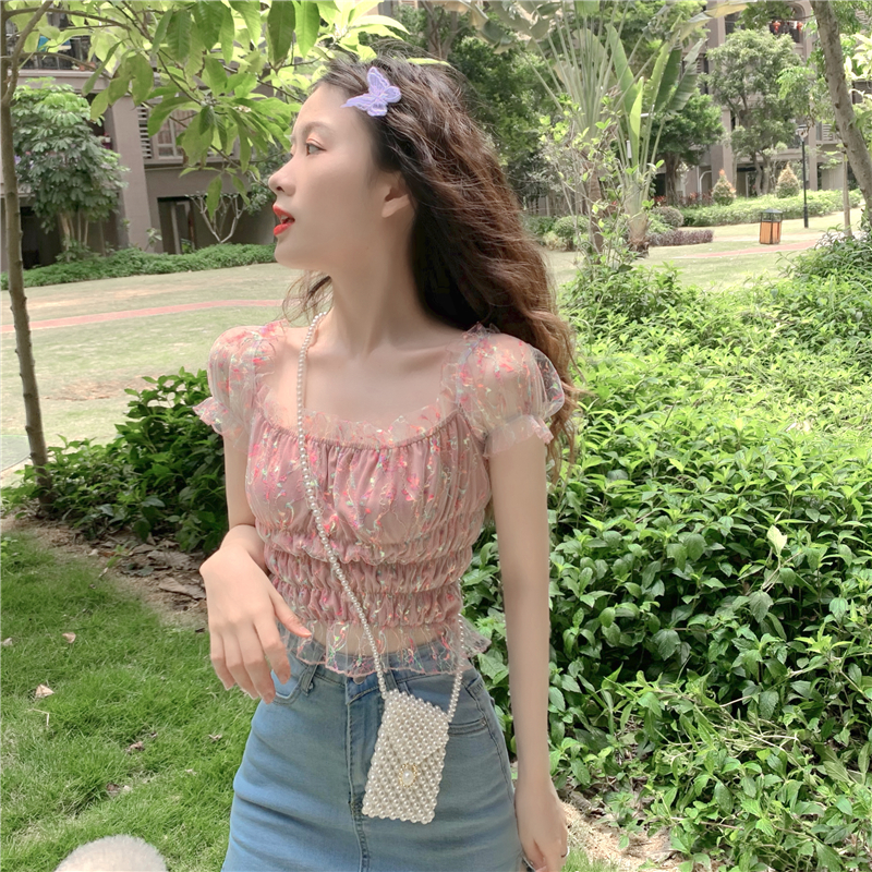 One-shoulder mesh puff sleeve slim short shirt