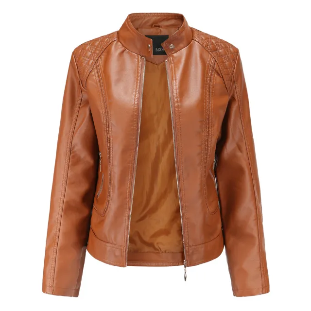 Women's stand collar PU leather jacket Brown - Shop at LoveMi