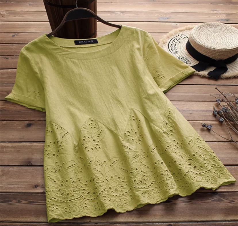 Lace Hollow Embroidered Short Sleeve T-Shirt Shirt - 7