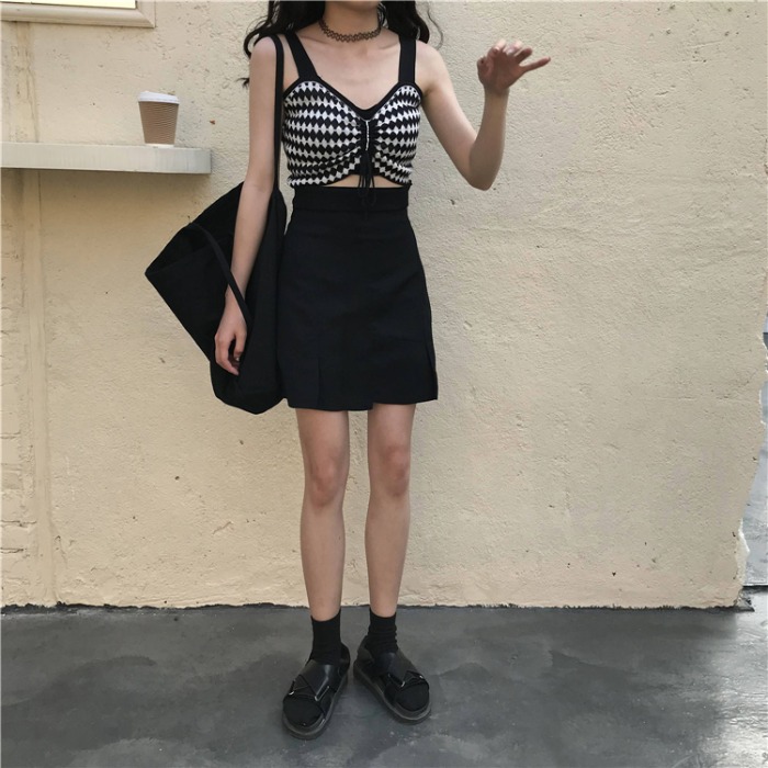 Drawstring plaid short umbilical strap