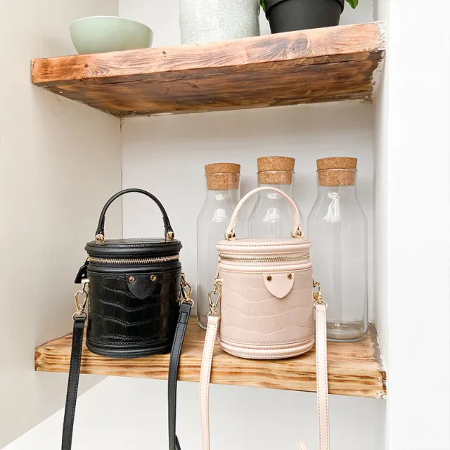 Leather fashion candy color cylindrical bucket bag Pink - Shop at LoveMi