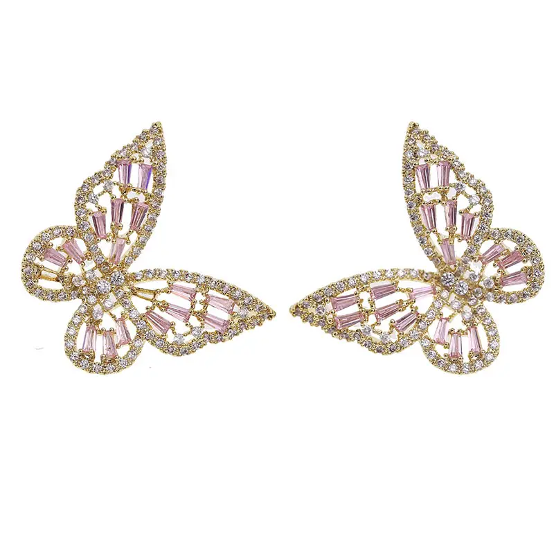 Hollow pink zircon butterfly earrings