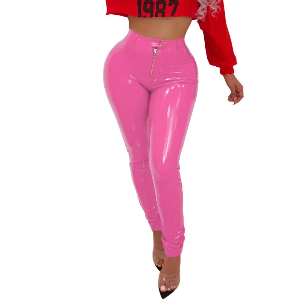 Leather pants high elasticity plus velvet thick PU - Rose Red