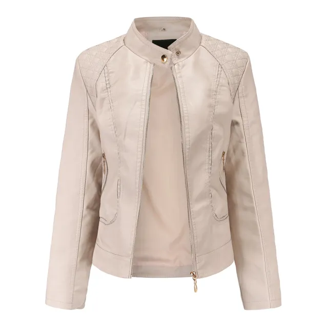 Women's stand collar PU leather jacket Khaki - Shop at LoveMi