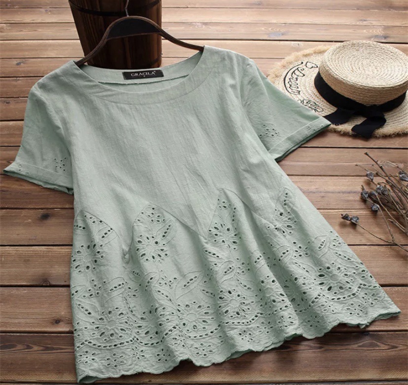 Lace Hollow Embroidered Short Sleeve T-Shirt Shirt - 6