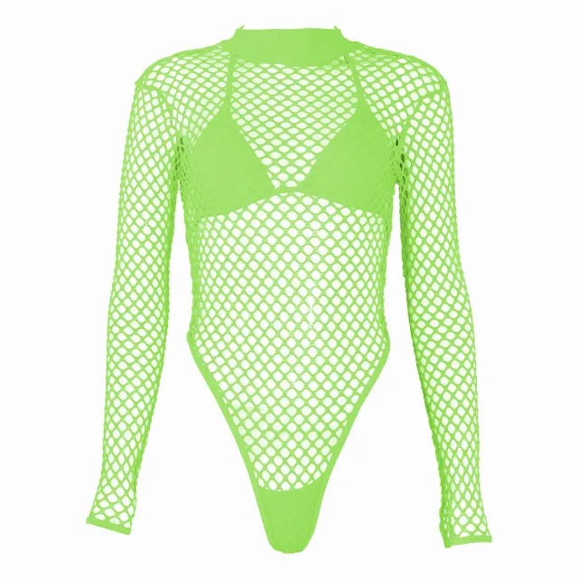 Hollow mesh sexy female see through bodysuit Green - Shop at LoveMi