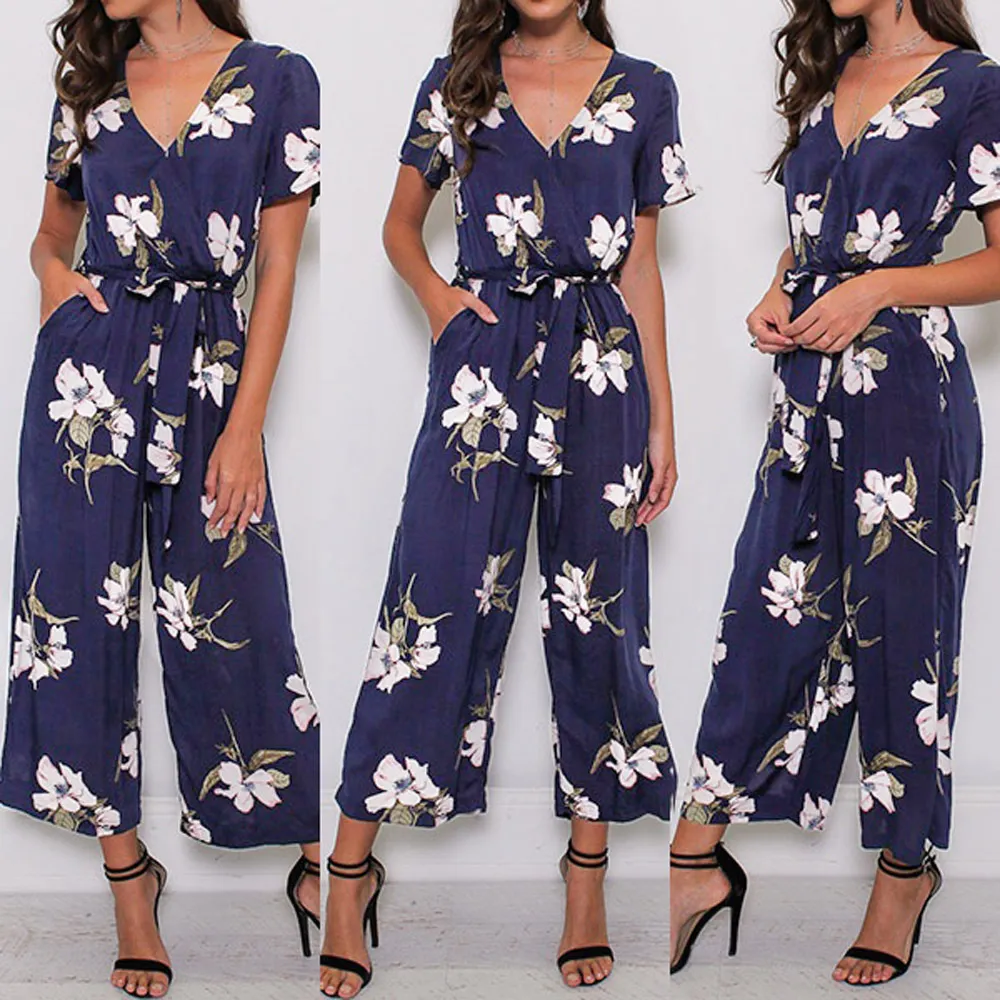 V-neck belted short sleeve jumpsuit - Navy Blue