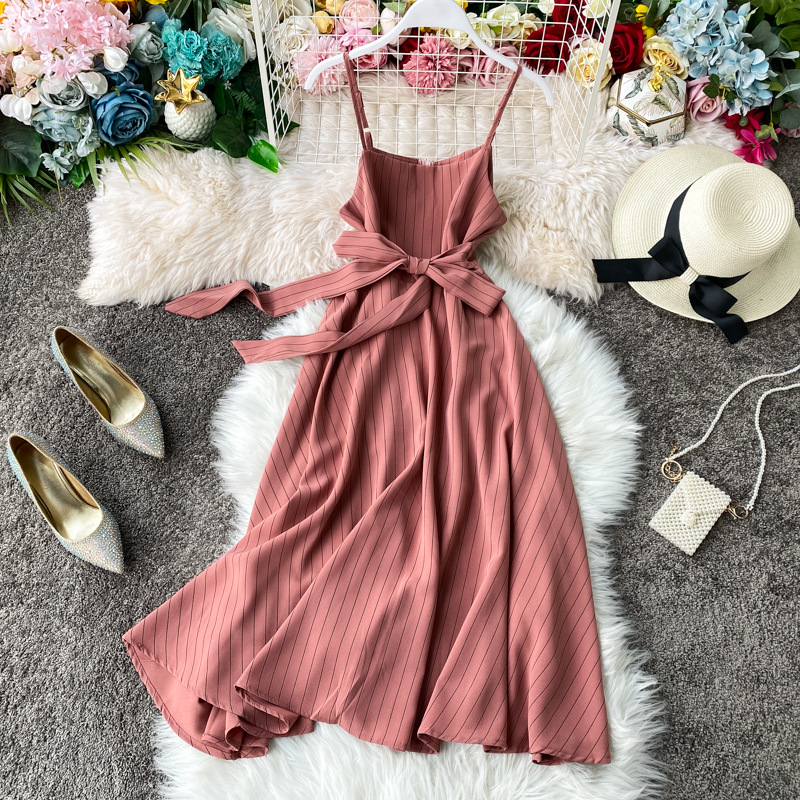 Striped slim high waist strap pocket A-line sling dress