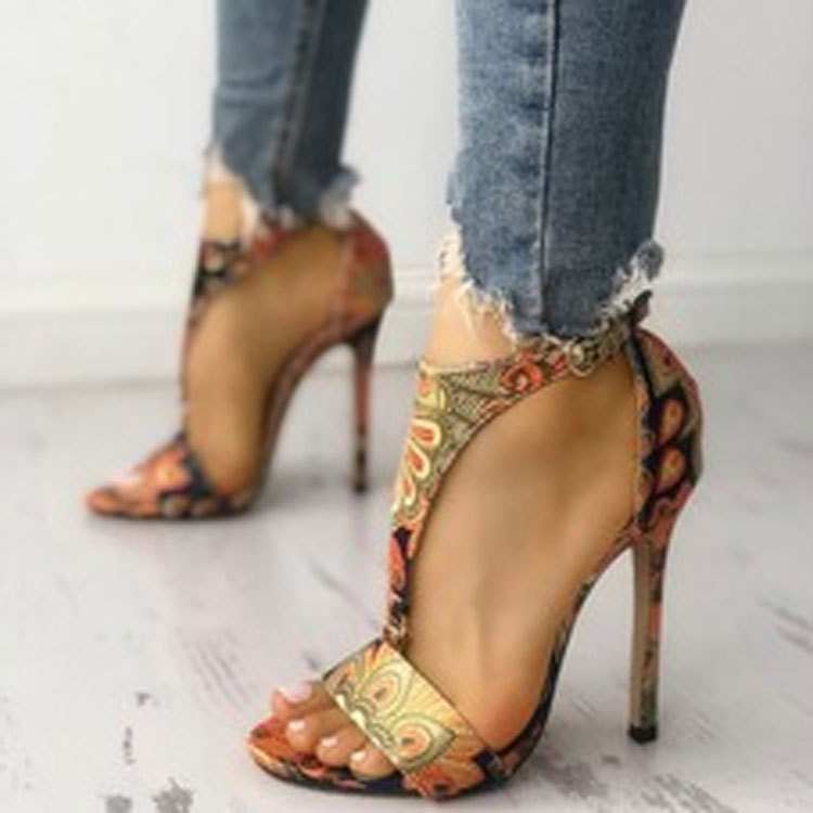 Buckle stiletto sandals ethnic print