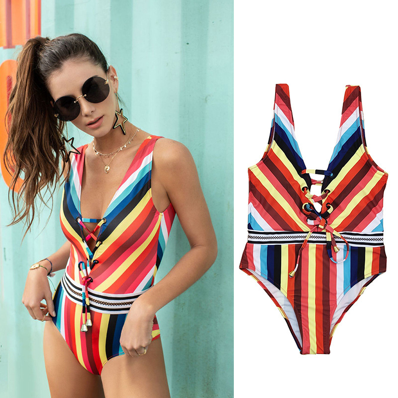 Color printed swimsuit with drawstring and lace up