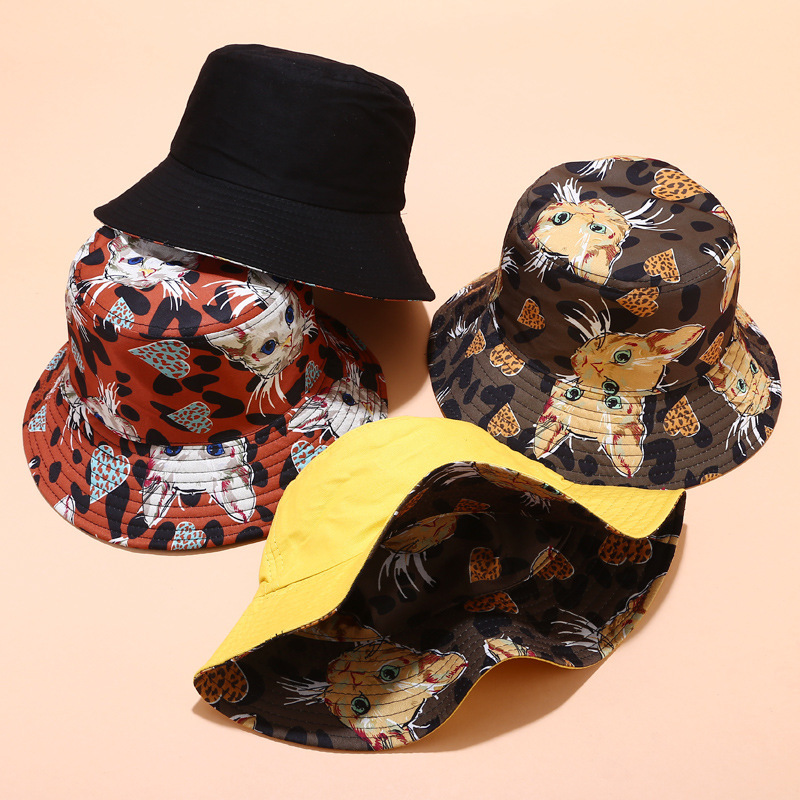 Cat print foldable double-sided sun hat