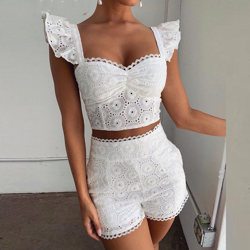 Lace trim shorts suit