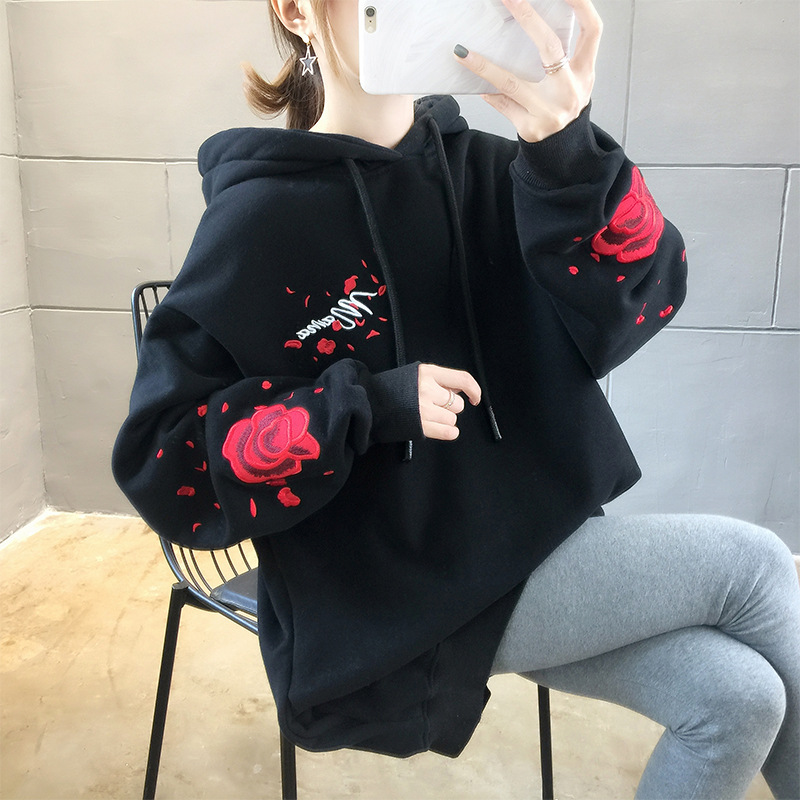 Crane embroidery hooded long sleeves