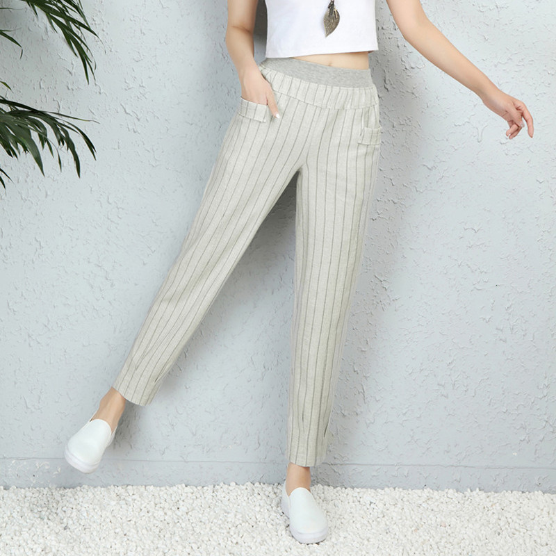 Loose cotton and linen cropped trousers casual pants Striped White - Shop at LoveMi