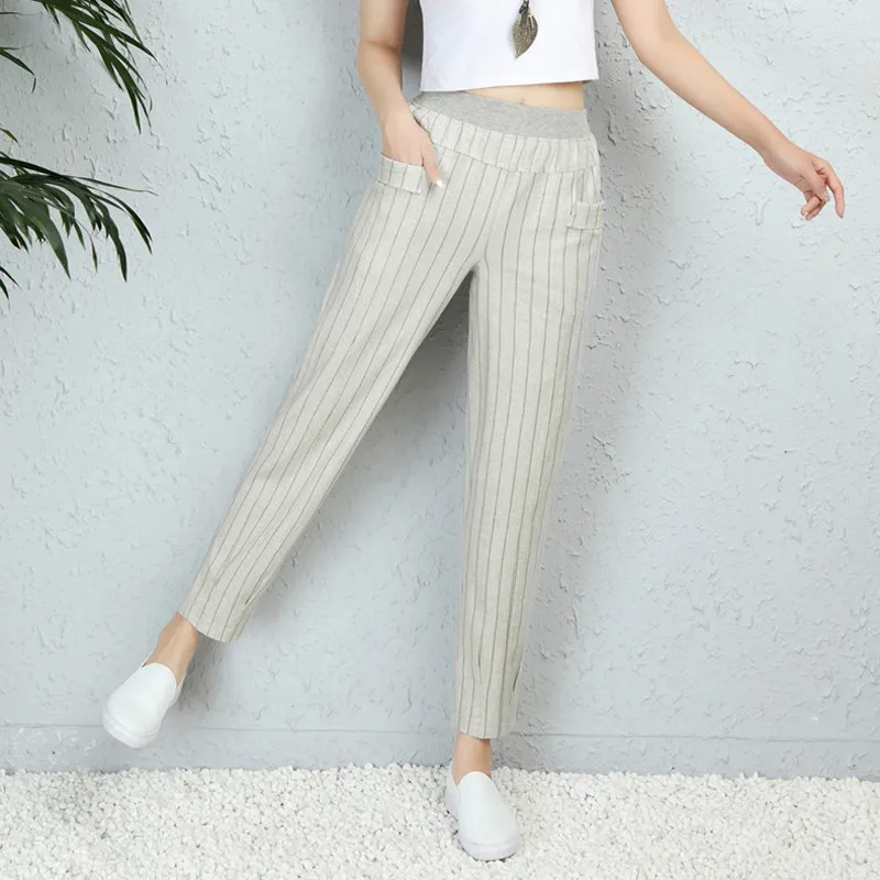 Loose cotton and linen cropped trousers casual pants - Striped White