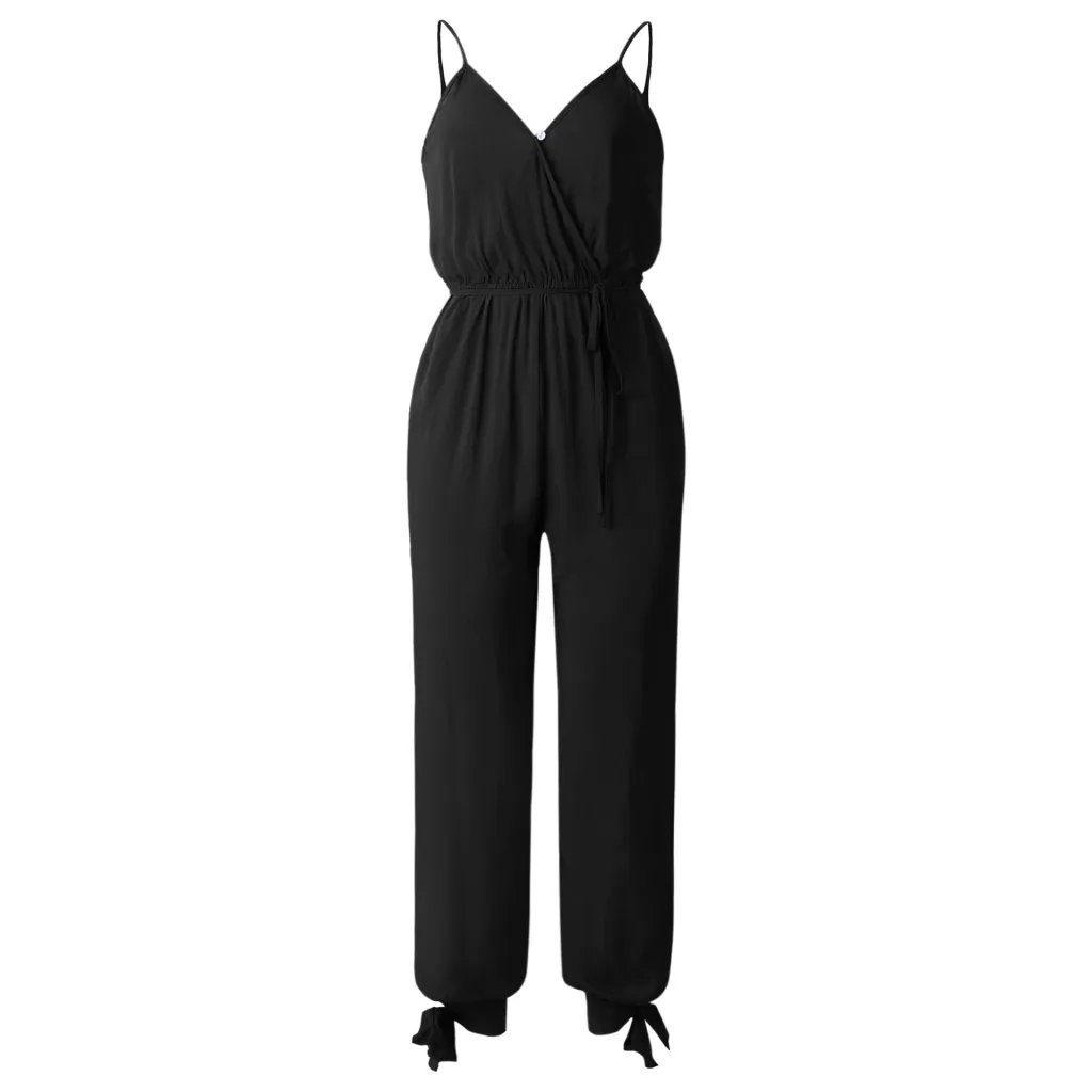 back tether deep V-neck suspender jumpsuit - Black