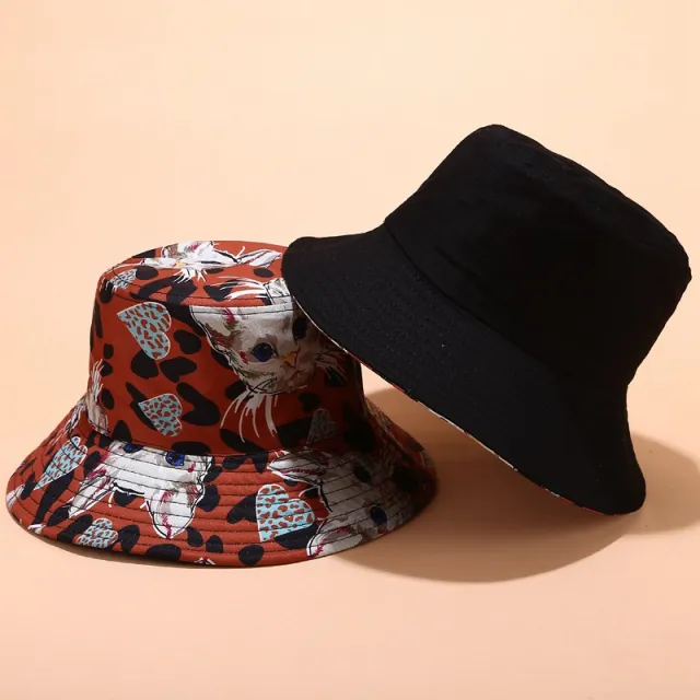 Cat print foldable double sided sun hat Black - Shop at LoveMi