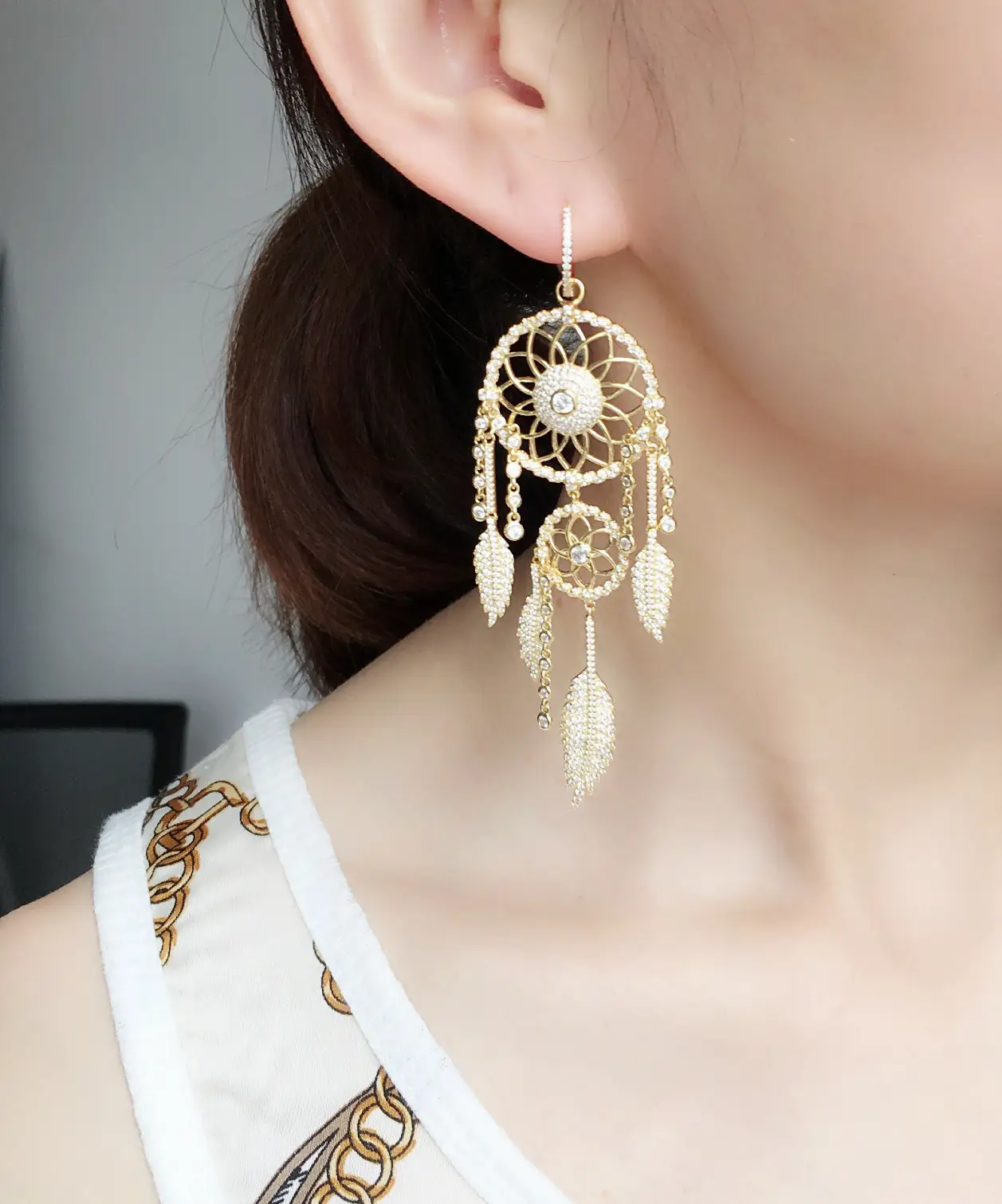 Women's dream catcher feather long earrings