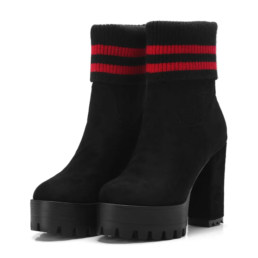 Thick Platform High Heel Ankle Boots - Black