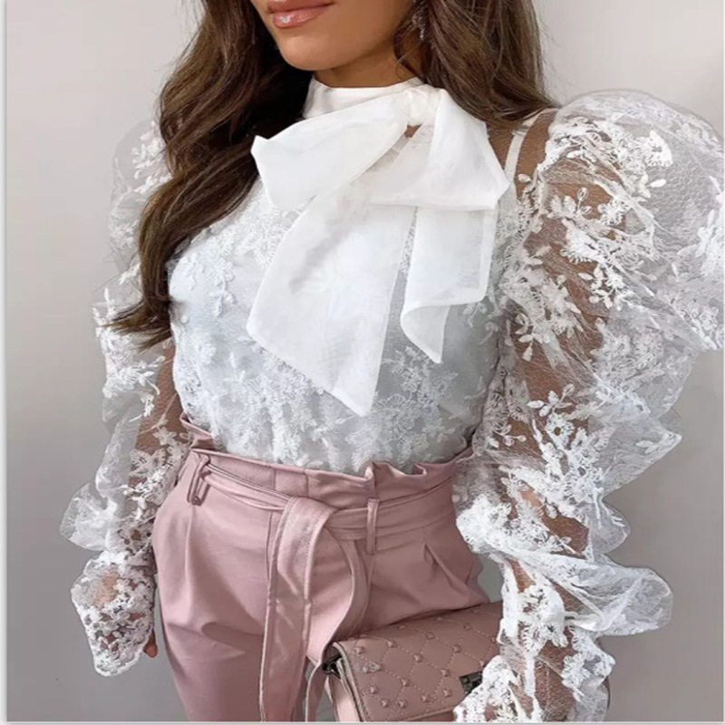 Lace embroidered bow top