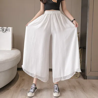 Double layer chiffon wide leg pants nine point hakama White - Shop at LoveMi