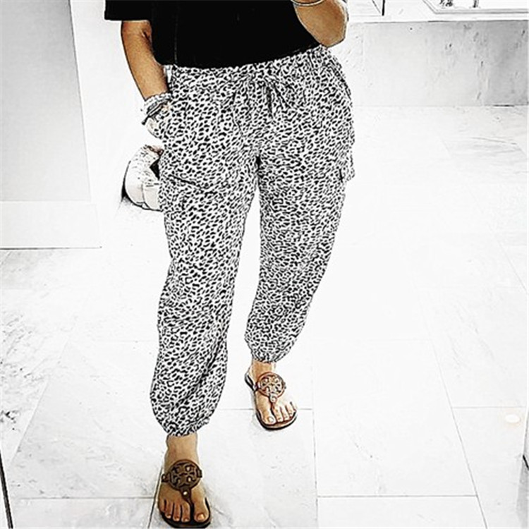 Leopard print elastic waist casual trousers