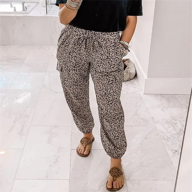 Leopard print elastic waist casual trousers Beige - Shop at LoveMi