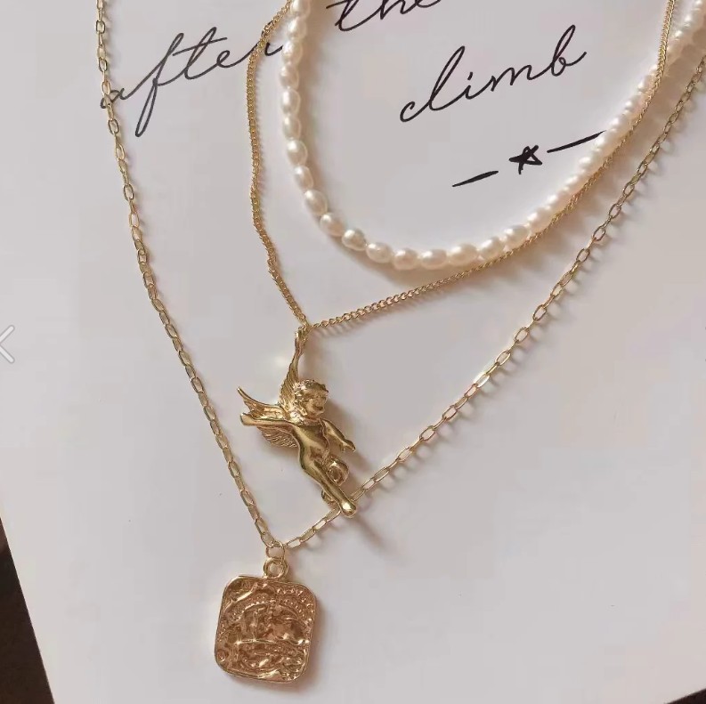 Pearl Angel Square Pendant Combination Necklace