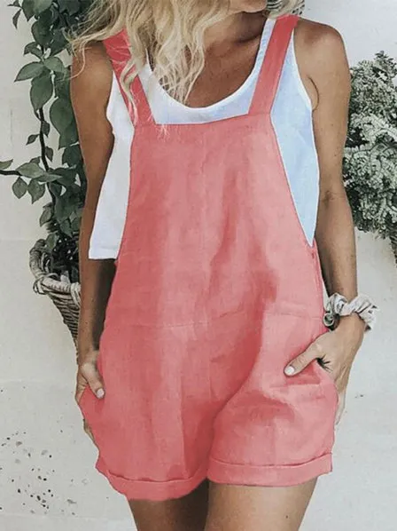 Women's Pure Cotton Linen Casual Jumpsuit Shorts - Pink