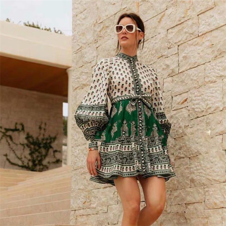 Lantern sleeve dress with lace-up skirt