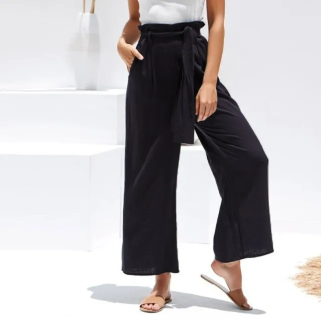 High waist belt belt multicolor cotton linen casual pants Black - Shop at LoveMi