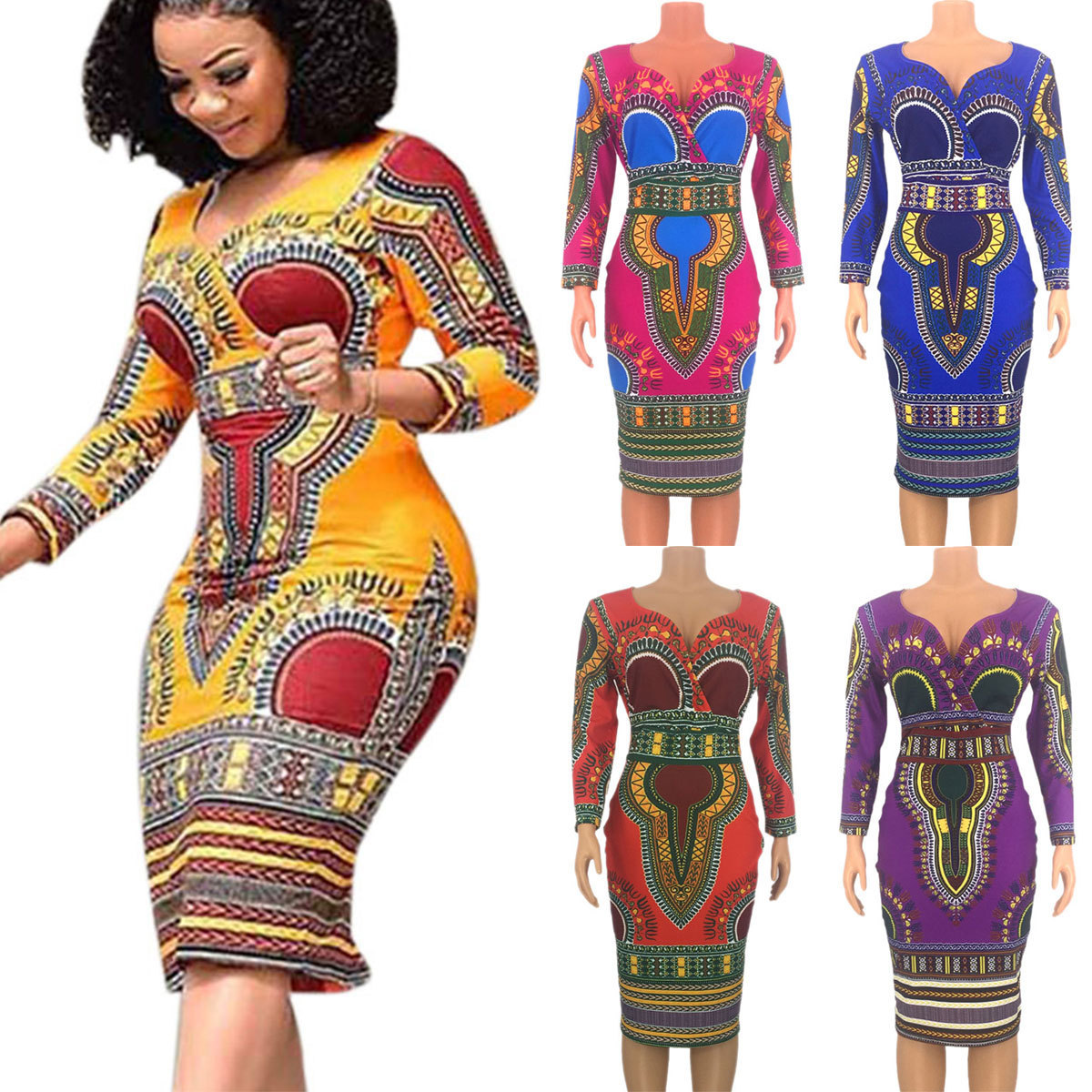 3/4 sleeve V-neck print stitching dress