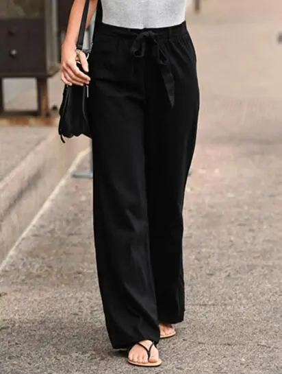 Cotton and linen loose waist slim trousers Black - Shop at LoveMi
