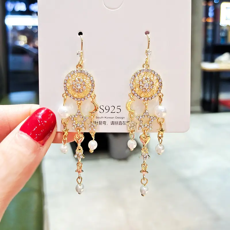 Pearl tassel star and moon earrings