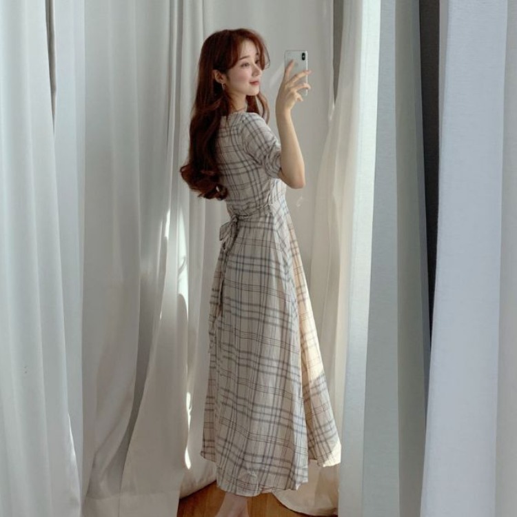 Retro Check Waist V-neck Short Sleeve Dress