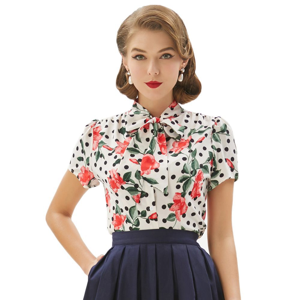 Fashion shirt floral motif short bow decoration shirt