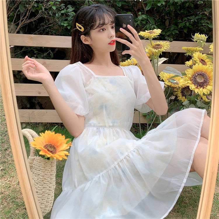 Square collar waist dress