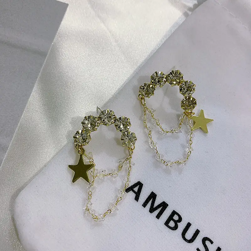 Crystal tassel five-pointed star earrings