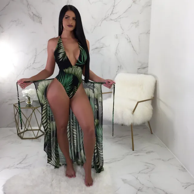 Leaf print one piece swimsuit Green - Shop at LoveMi