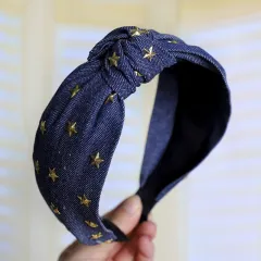 Denim art hot diamond star knotted headband - Blue - View 1