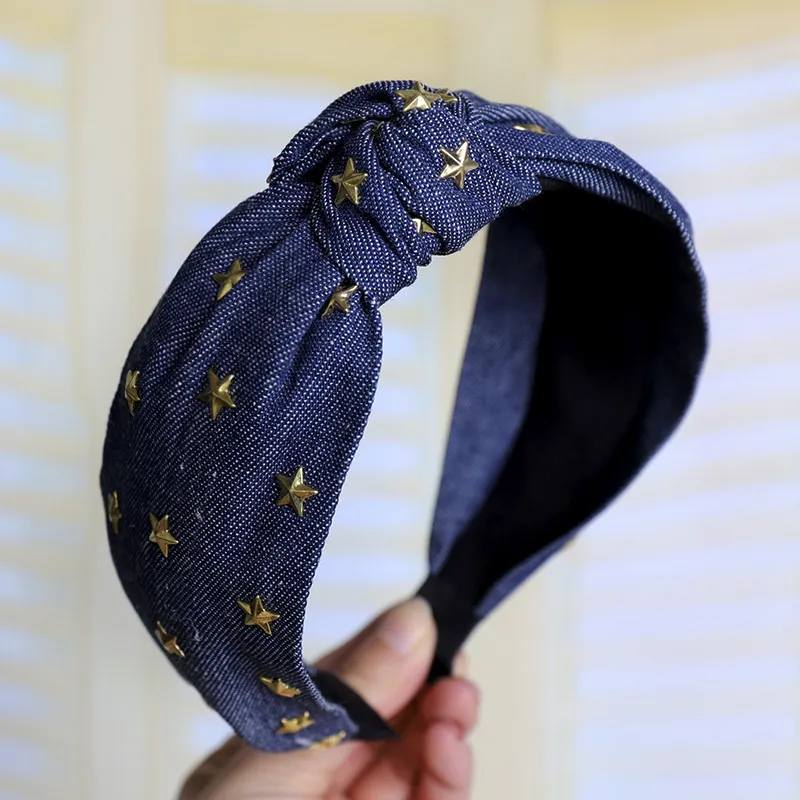 Denim art hot diamond star knotted headband - Blue