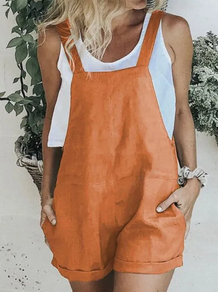 Women's Pure Cotton Linen Casual Jumpsuit Shorts - Orange