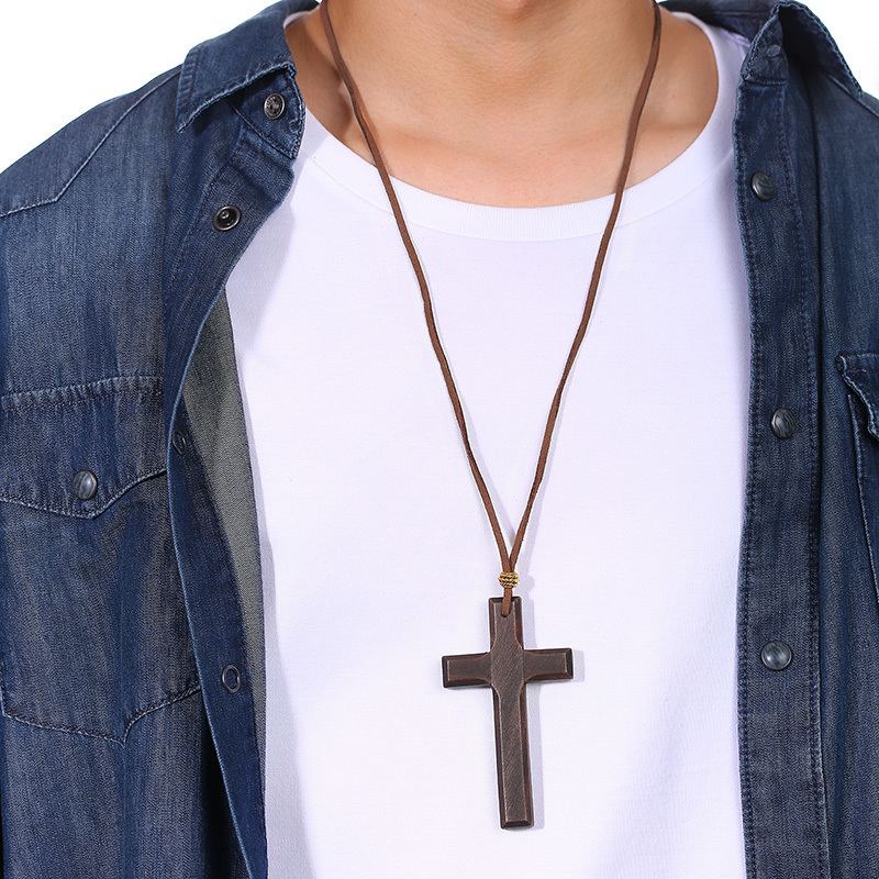 Vintage wooden cross pendant necklace