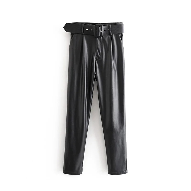 Women's solid color PU leather trousers